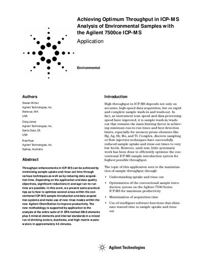 Achieving Optimum Throughput in ICP-MS Analysis with the Agilent 7500ce ICP-MS - cover page