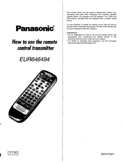 Panasonic EUR646494 Remote Control Transmitter User Manual - cover page