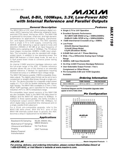 Maxim MAX1198 Dual 8‑Bit 100 Msps 3.3 V Low‑Power ADC Data Sheet - cover page