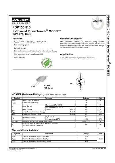Fairchild FDP150N10 N-Channel PowerTrench MOSFET Datasheet