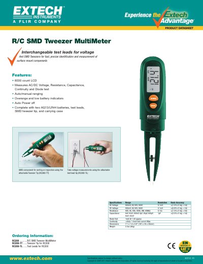 Extech RC200 SMD Tweezer MultiMeter Product Datasheet - cover page