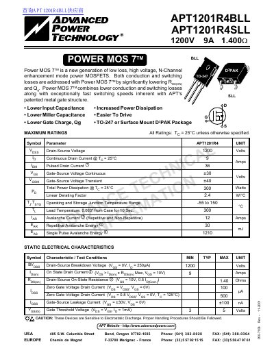 Advanced APT1201R4BLL/APT1201R4SLL Power MOSFET Datasheet - cover page