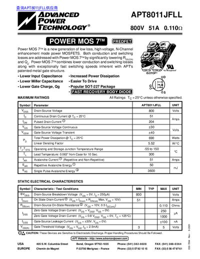 Advanced Power Technology APT8011JFLL Datasheet - cover page