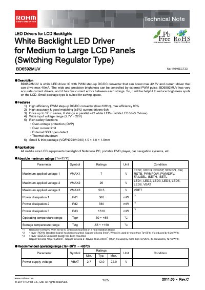 ROHM BD6592MUV LED Driver Technical Note - cover page