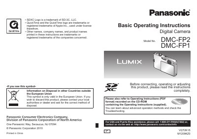 Panasonic DMC-FP1/FP2 Digital Camera Operating Instructions - cover page