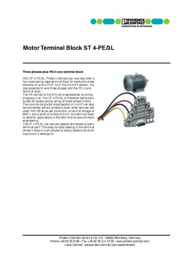 Phoenix Contact ST 4-PE/3L Motor Terminal Block Handbook - cover page
