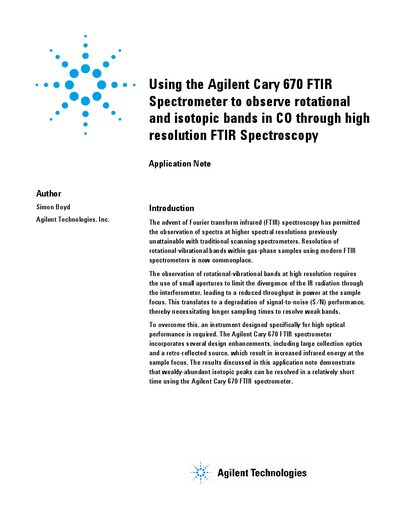 Agilent Using the 670-IR spectrometer to observe analyze rotational isotopic bands in CO through high resolution FT-IR spectroscopy - cover page