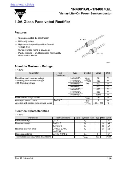 Vishay Lite-On 1N4001G/L-1N4007G/L Glass Passivated Rectifier Datasheet