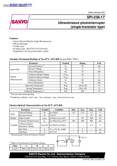 SANYO SPI-236-17 Ultraminiature Photointerrupter Datasheet - cover page