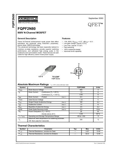 Fairchild FQPF2N80 N-Channel MOSFET Datasheet