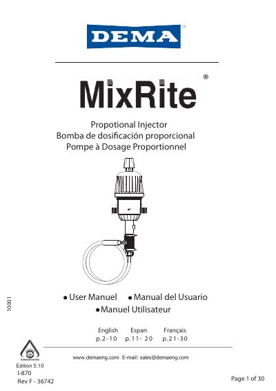 Demaeng MixRite Proportional Injector User Manual - cover page
