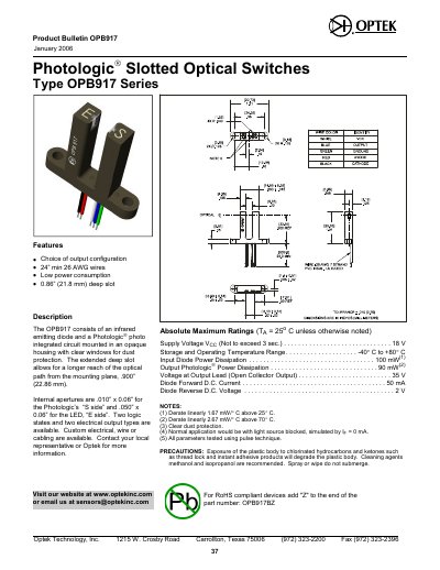 Optek OPB917 Optical Switch Datasheet - cover page