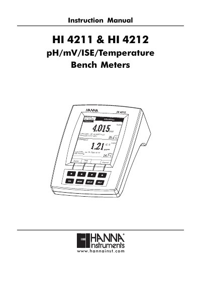 Hanna Instruments HI 4211 & HI 4212 Bench Meters Instruction Manual - cover page