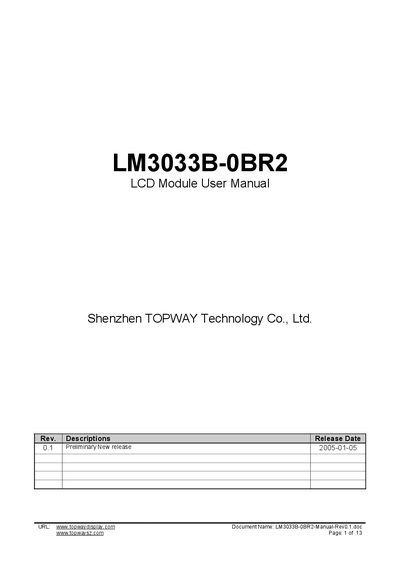 TOPWAY LM3033B-0BR2 LCD Module User Manual - cover page