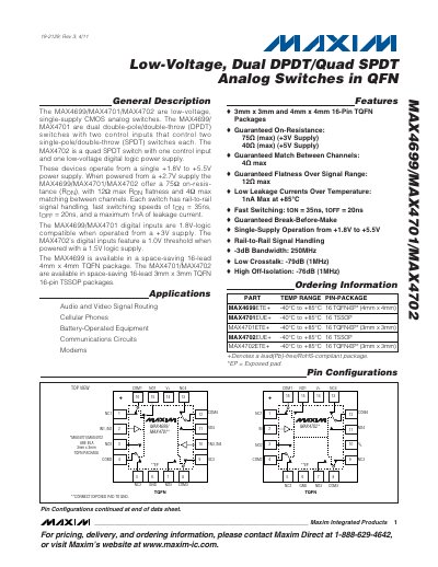 Maxim MAX4699/MAX4701/MAX4702 Low-Voltage Dual DPDT/Quad SPDT Analog Switches Datasheet - cover page