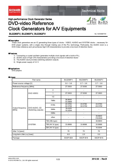 ROHM BU2280FV Clock Generator Datasheet - cover page