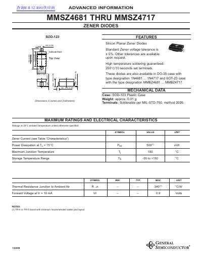 General Semiconductor MMSZ4681 THRU MMSZ4717 Zener Diodes Datasheet - cover page