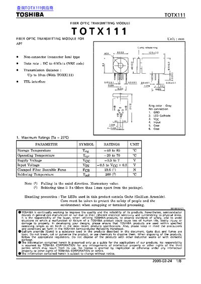 Toshiba TOTX111 Fiber Optic Transmitting Module Datasheet - cover page