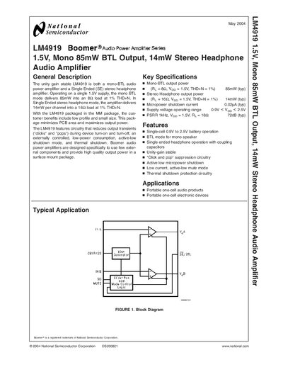 NATIONAL SEMICONDUCTOR LM4919 1.5V Mono 85mW BTL Output 14mW Stereo Headphone Audio Amplifier Manual - cover page