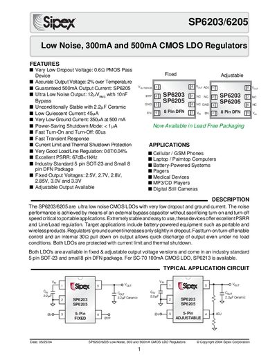 Sipex SP6203/6205 Low Noise CMOS LDO Regulator Datasheet - cover page