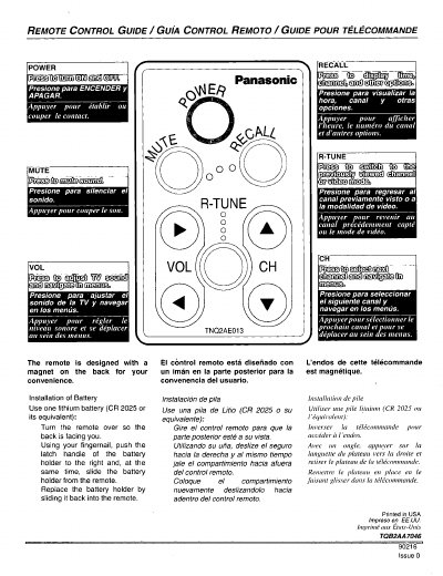 Panasonic TNQ2AE013 Remote Control Guide - cover page