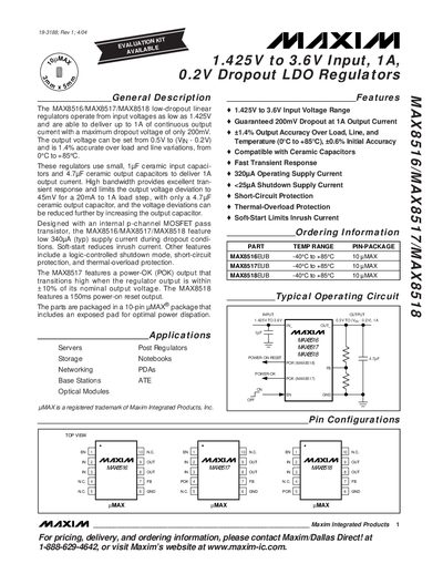 Maxim MAX8516/MAX8517/MAX8518 Low‑Dropout Linear Regulator Datasheet - cover page
