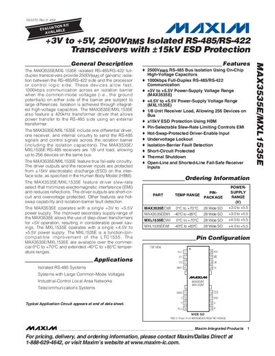 MAXIM MAX3535E/MXL1535E +3V to +5V 2500VRMS Isolated RS-485/RS-422 Transceivers with &plusmn;15kV ESD Protection Manual - cover page