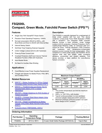 Fairchild Semiconductor FSQ500L Power Switch Datasheet - cover page