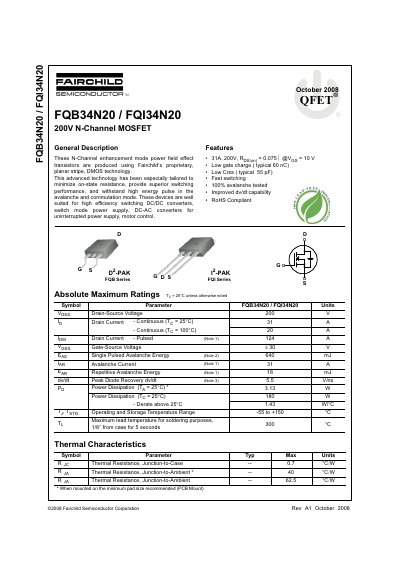 Fairchild Semiconductor FQB34N20/FQI34N20 200V N-Channel MOSFET Datasheet