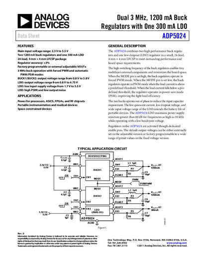 Analog Devices ADP5024 Dual 3 MHz 1200 mA Buck Regulator with 300 mA LDO Datasheet - cover page