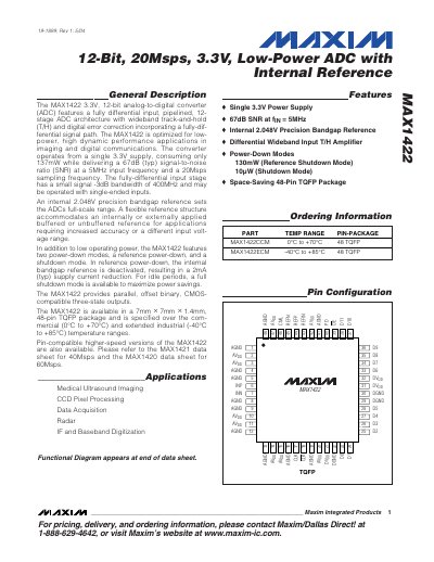 Maxim MAX1422 12-Bit 20Msps 3.3V Low-Power ADC with Internal Reference Datasheet