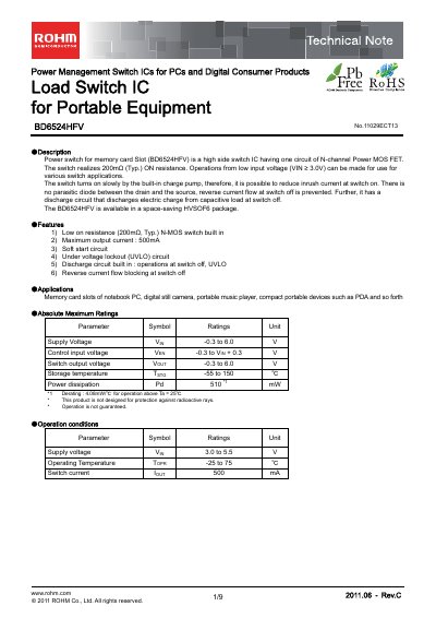 ROHM BD6524HFV Power Management Switch IC Technical Note - cover page