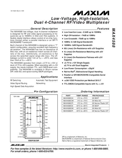 Maxim MAX4588 Low-Voltage High-Isolation Dual 4-Channel RF/Video Multiplexer Datasheet - cover page