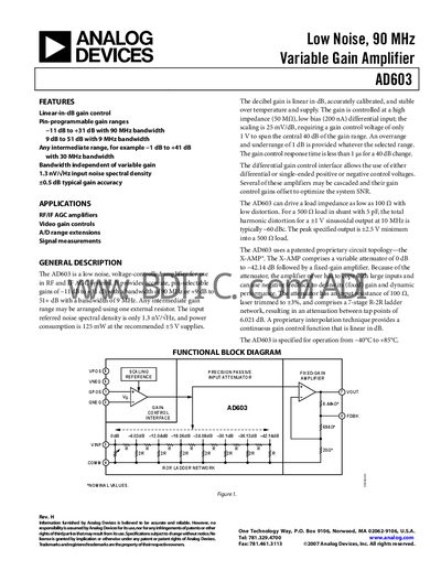 Analog Devices AD603 Variable Gain Amplifier Datasheet - cover page