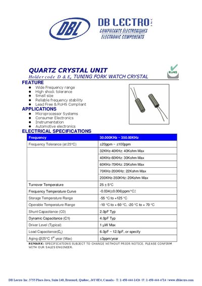 DB Lectro Quartz Crystal Unit Datasheet - cover page