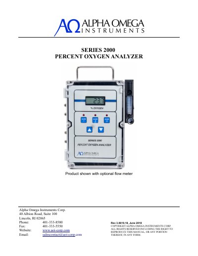 Alpha Omega Instruments Series 2000 Percent Oxygen Analyzer Instruction Manual - cover page