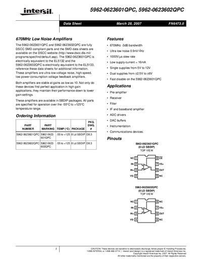 Intersil 5962-0623601QPC Datasheet - cover page