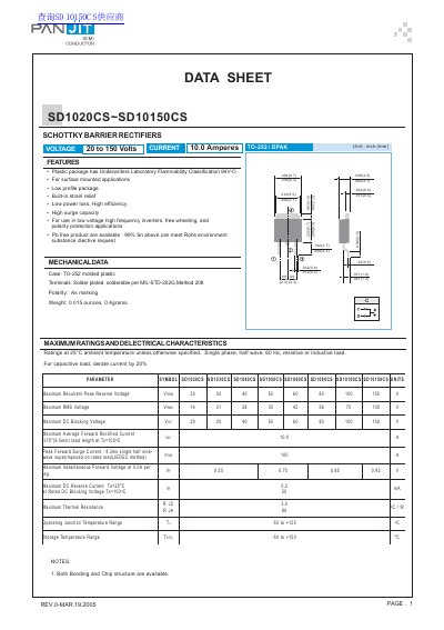 PANJIT SD1020CS~SD10150CS Schottky Barrier Rectifiers Datasheet - cover page