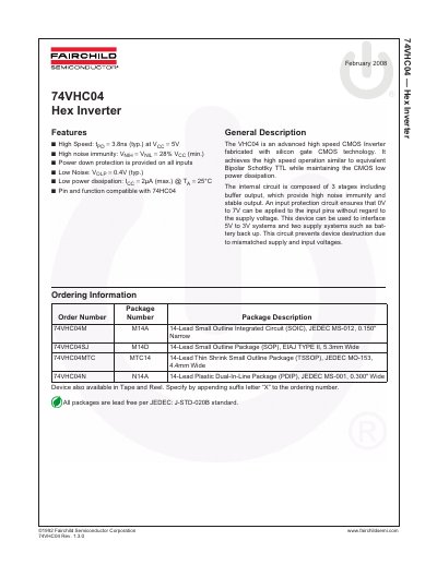Fairchild Semiconductor 74VHC04 Hex Inverter Datasheet - cover page