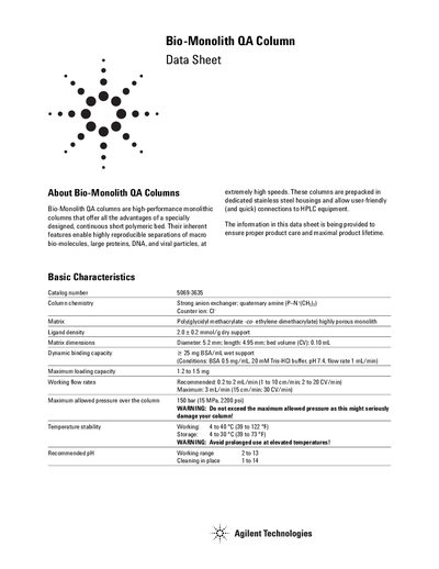 Agilent Bio-Monolith QA Column Data Sheet - cover page