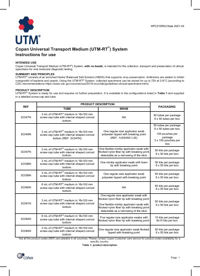 Copan UTM-RT® Instructions for Use - cover page
