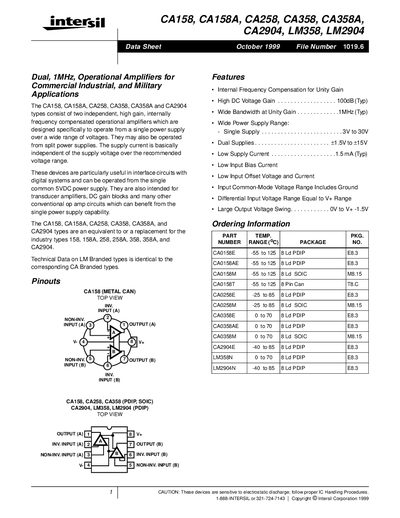 Intersil CA158, CA158A, CA258, CA258A, CA358, CA358A, CA2904, LM358, LM2904 Datasheet - cover page