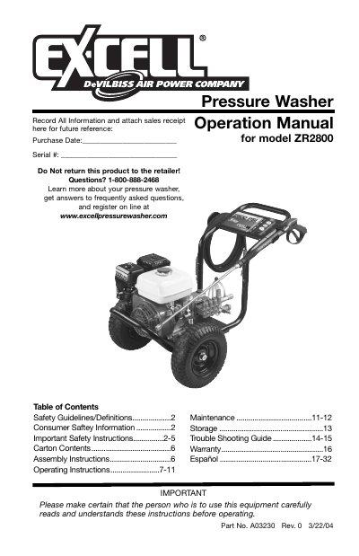 Ex-Cell ZR2800 Pressure Washer Operation Manual - cover page