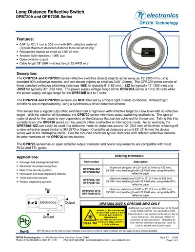 Optek OPB720A/OPB720B Long Distance Reflective Switch User Manual - cover page