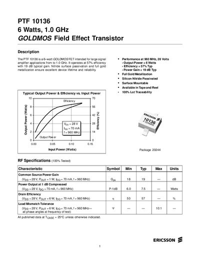 Ericsson PTF 10136 Goldmos Field Effect Transistor Datasheet - cover page