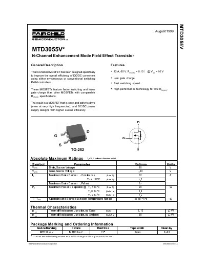 Fairchild Semiconductor MTD3055V N-Channel Enhancement Mode Field Effect Transistor Datasheet