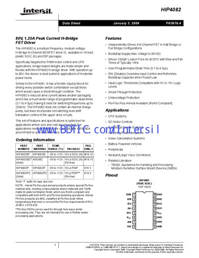 Intersil HIP4082 H‑Bridge MOSFET Driver Datasheet - cover page