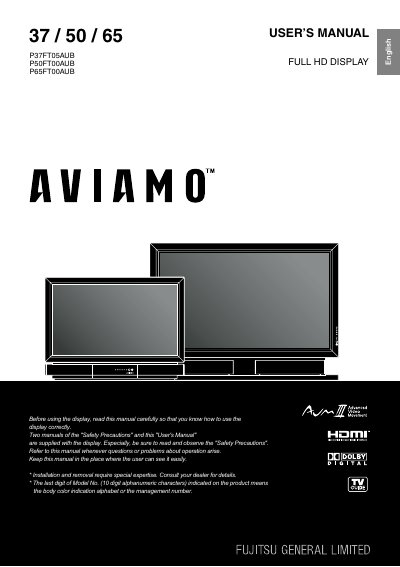 Fujitsu General P37FT05AUB/P50FT00AUB/P65FT00AUB Full HD Display User's Manual - cover page