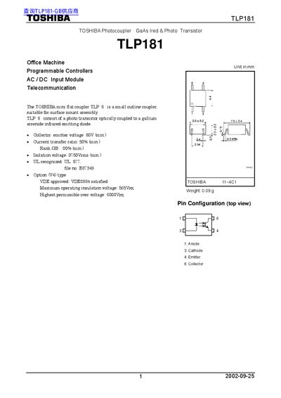 Toshiba TLP181 Photocoupler Datasheet