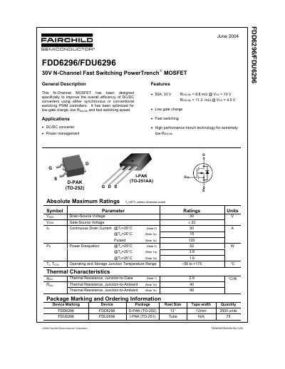 Fairchild FDD6296/FDU6296 30V N-Channel MOSFET Datasheet - cover page
